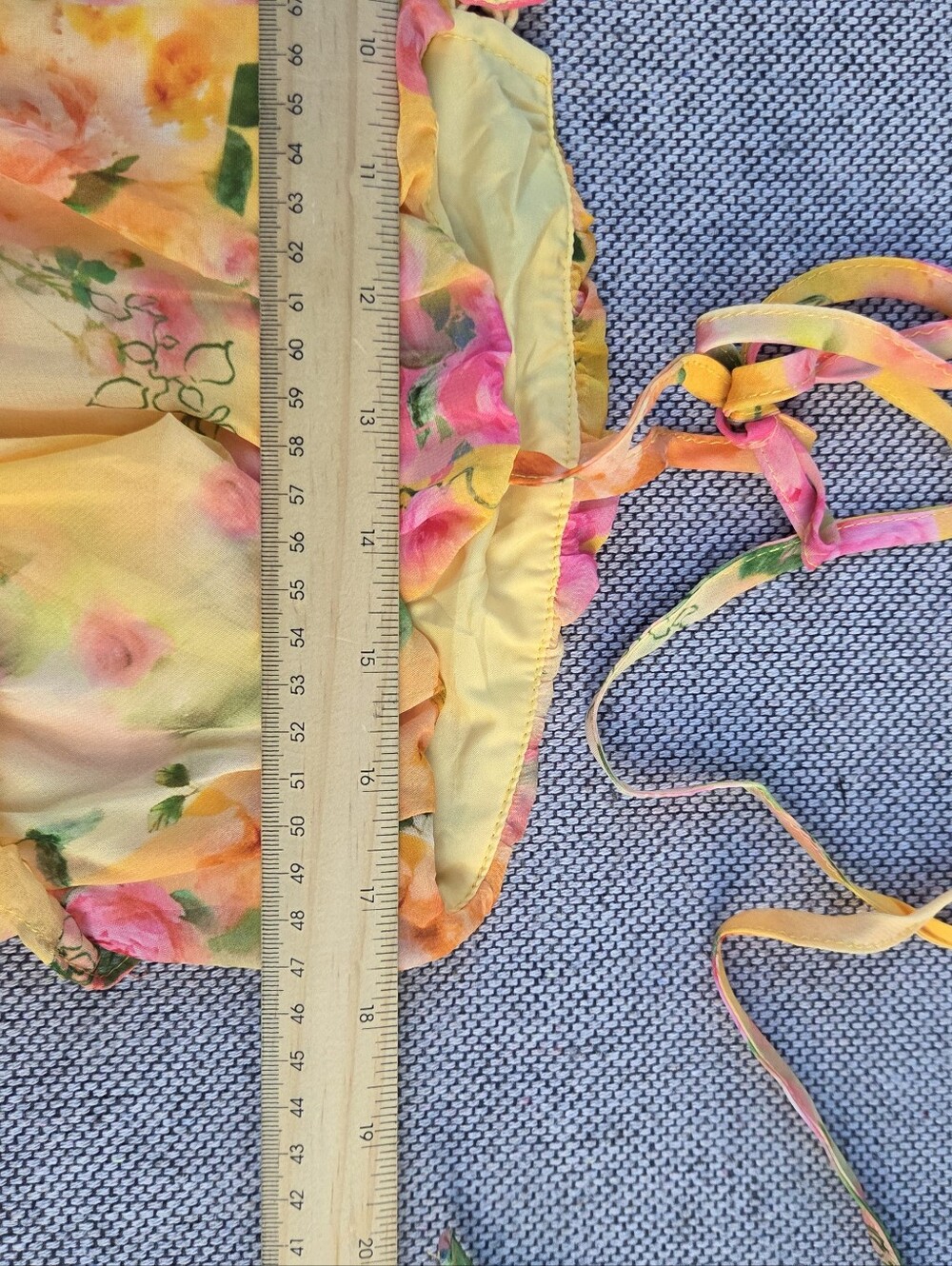 Boutique Yellow Floral Chiffon Mini Dress Tie Strap Ruffle Layered Size L - Picture 10 of 11